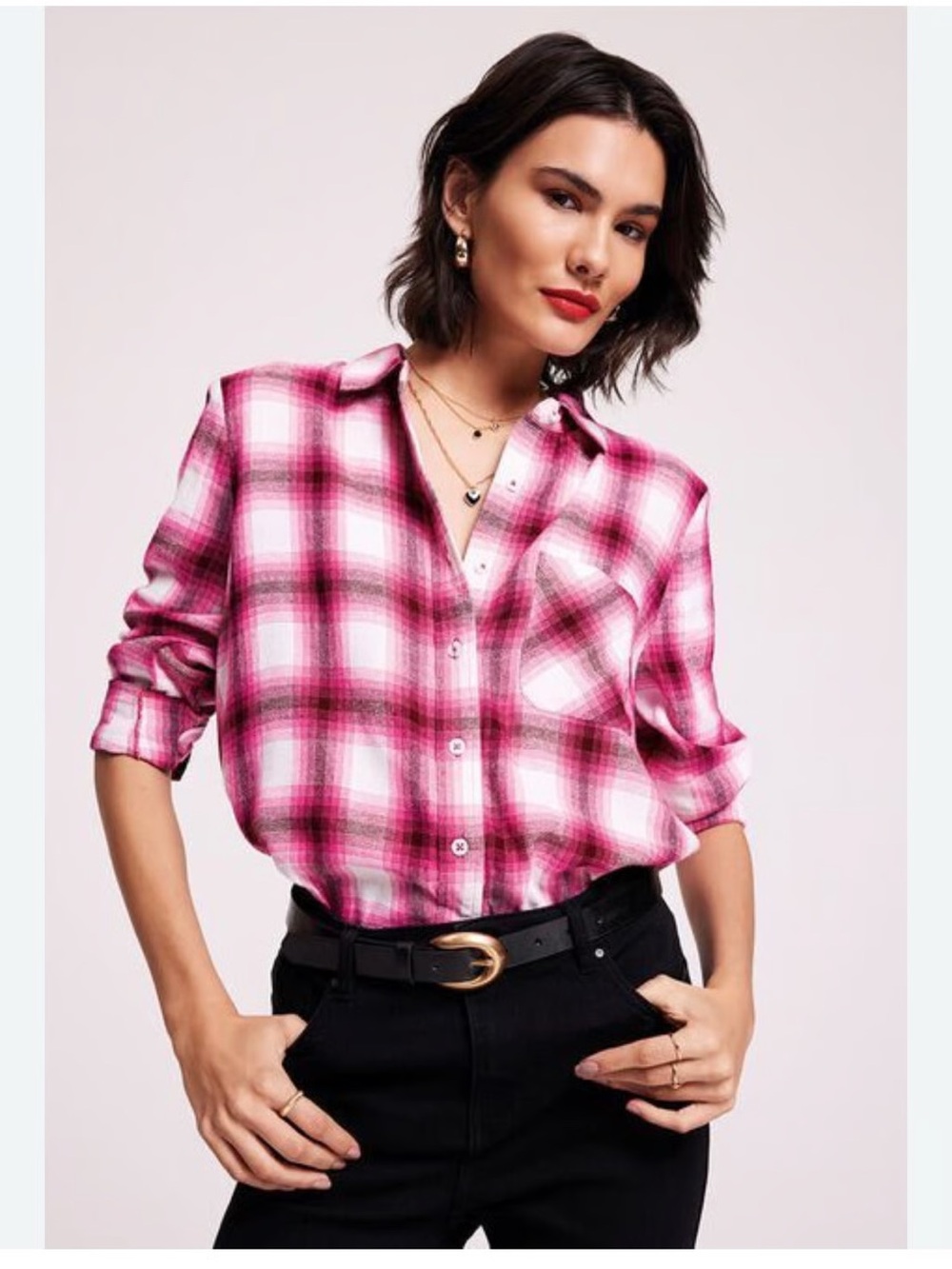 GAP Pink Plaid Button-Down Flannel Shirt L